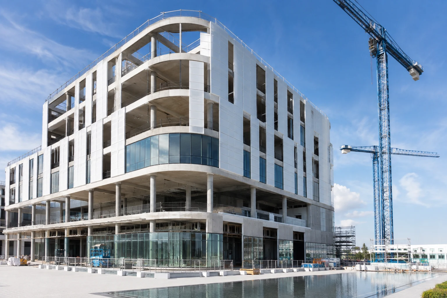 A modern building under construction with cranes