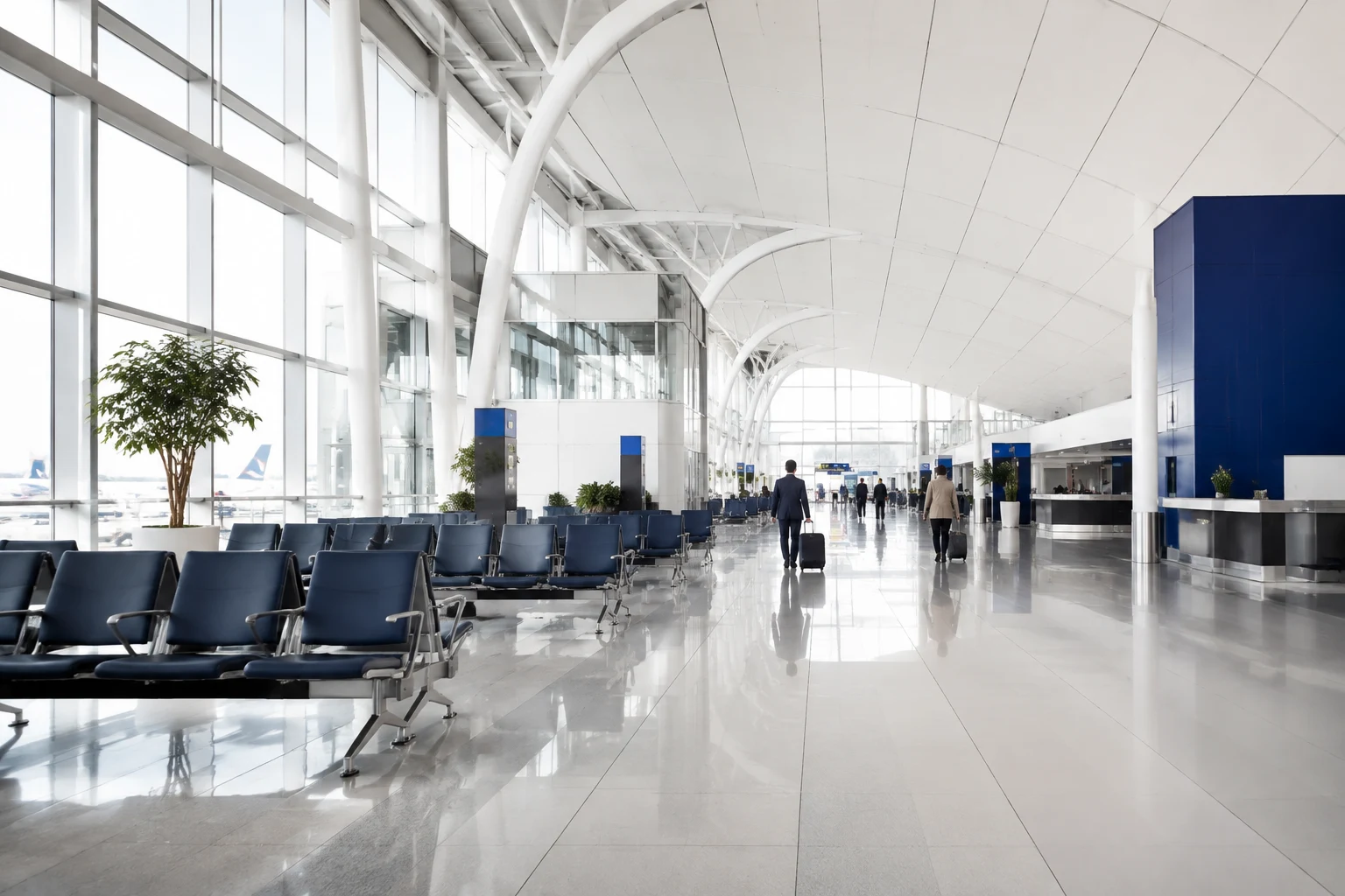 An airport departure lounge with travellers in the distance