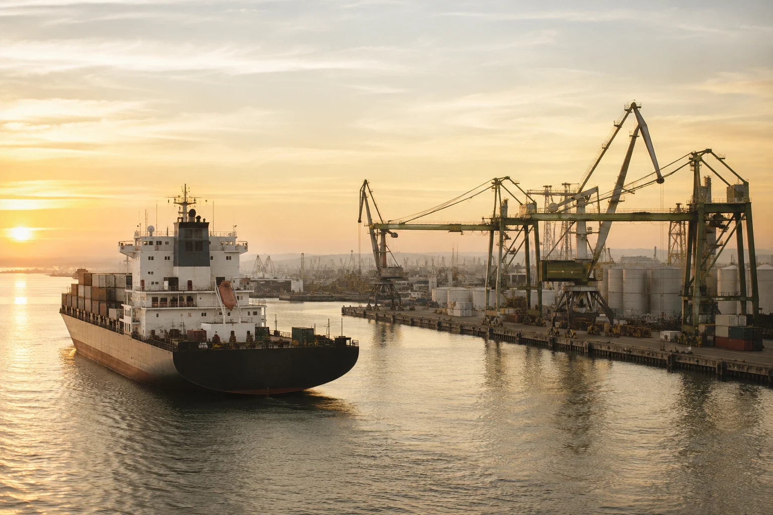 A cargo vessel at port in soft morning light