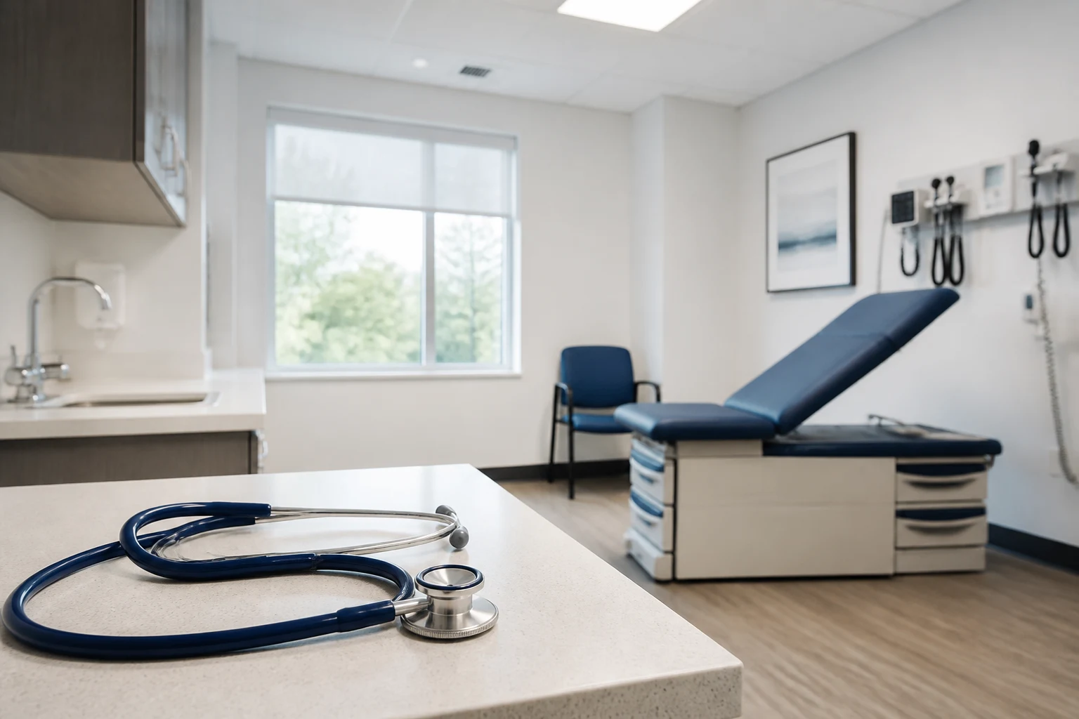 A clean modern clinical room with medical equipment