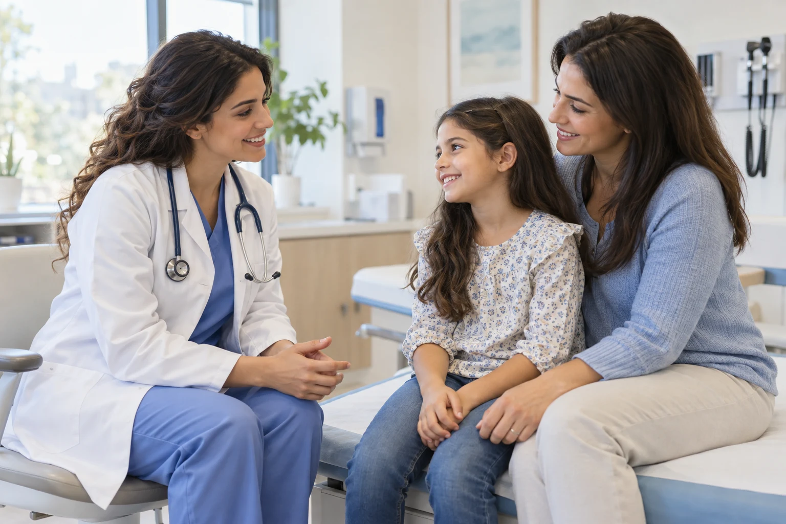 A doctor talking with a mother and her daughter in a bright clinic