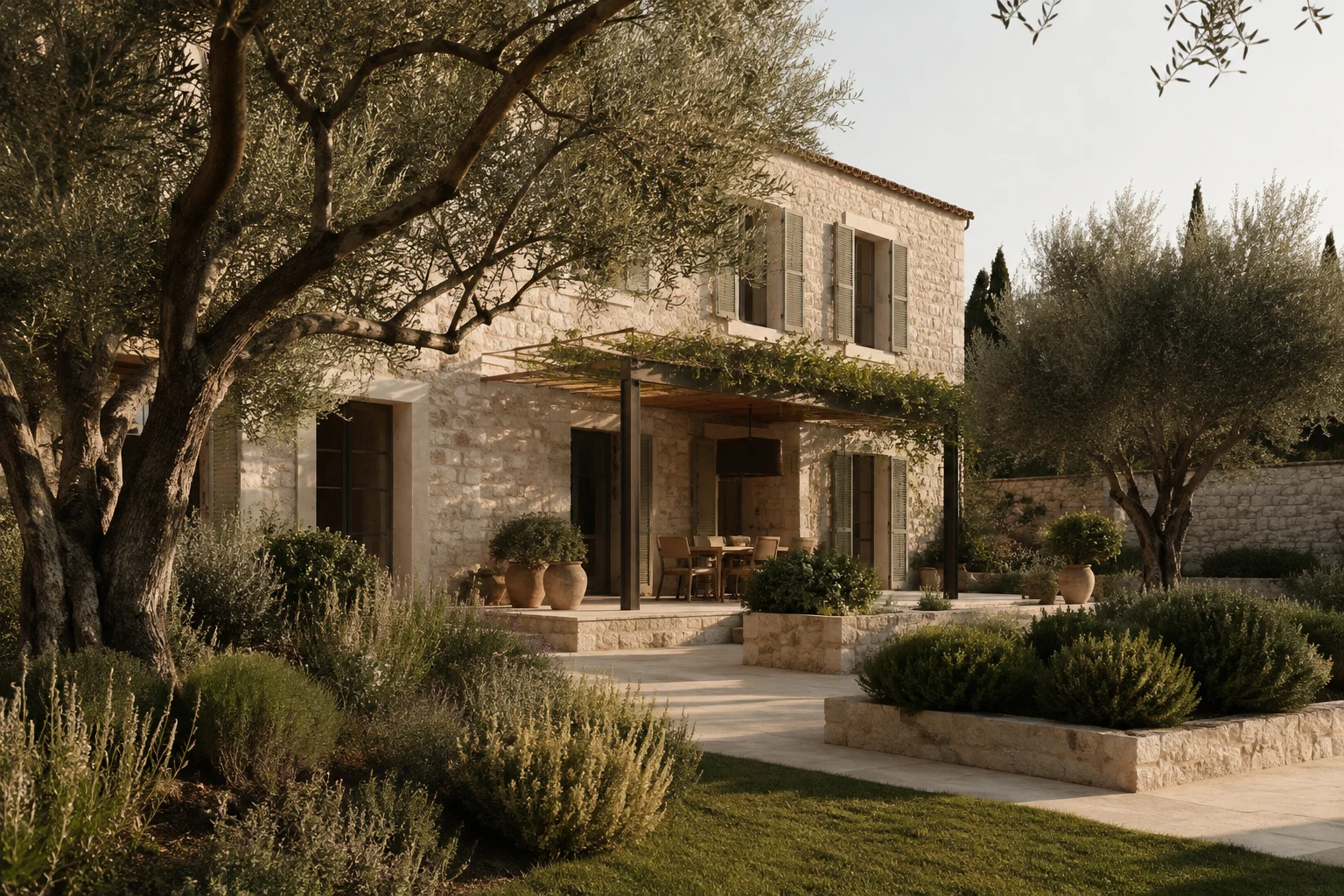 A warm limestone family home framed by olive trees